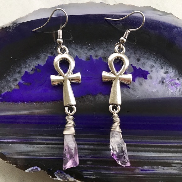 Amethyst silver plated ankh crosses earrings - Picture 3 of 8